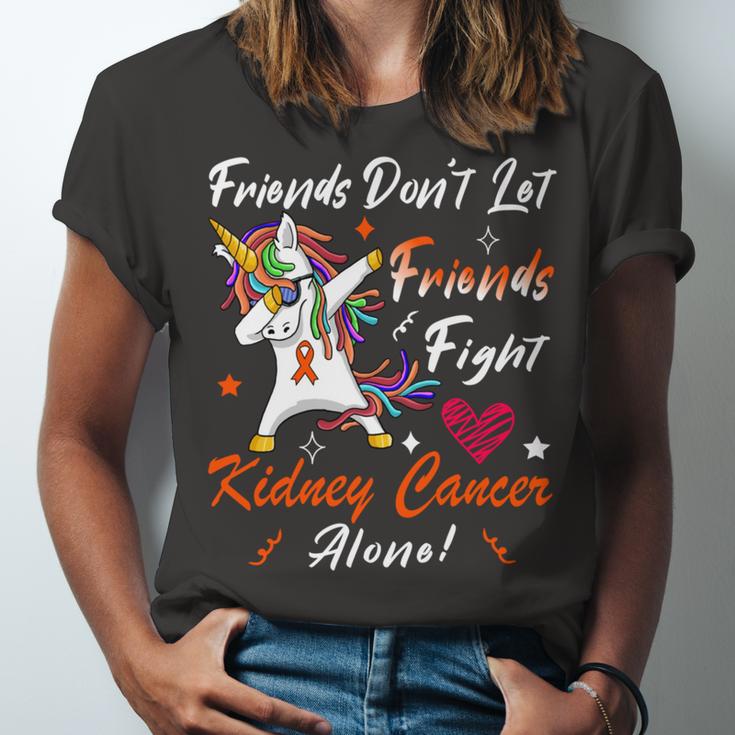 Friends Dont Let Friends Fight Kidney Cancer Alone Unicorn Orange Ribbon Kidney Cancer Kidney Cancer Awareness Unisex Jersey Short Sleeve Crewneck Tshirt