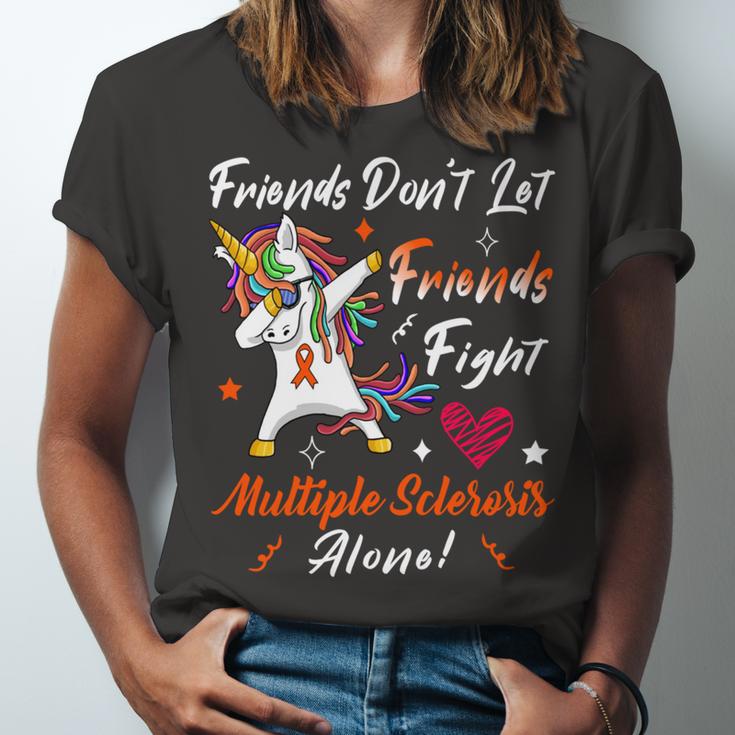 Friends Dont Let Friends Fight Multiple Sclerosis Alone Unicorn Orange Ribbon Multiple Sclerosis Multiple Sclerosis Awareness Unisex Jersey Short Sleeve Crewneck Tshirt