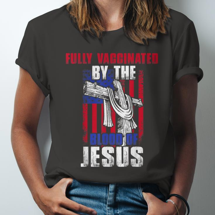 Fully Vaccinated By The Blood Of Jesus Christian USA Flag V2 Unisex Jersey Short Sleeve Crewneck Tshirt