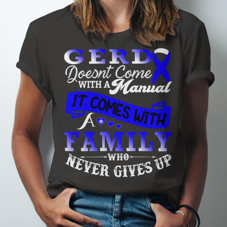 Gerd Doesnt Come With A Manual It Comes With A Family Who Never Gives Up Periwinkle Blue Ribbon Gastroesophageal Reflux Disease Gerd Awareness Unisex Jersey Short Sleeve Crewneck Tshirt