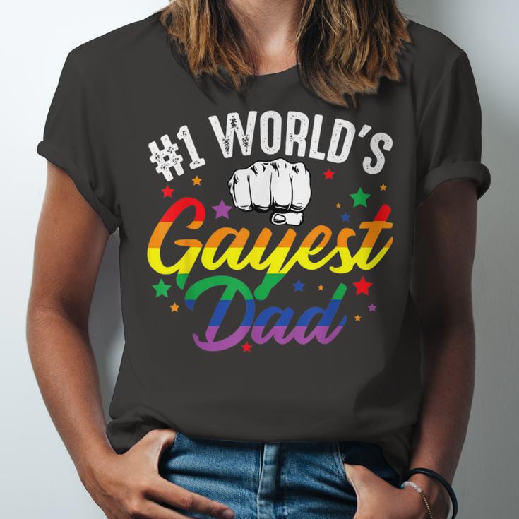 Mens 1 Worlds Gayest Dad Funny Fathers Day Lgbt Pride Rainbow 14 Shirt Unisex Jersey Short Sleeve Crewneck Tshirt