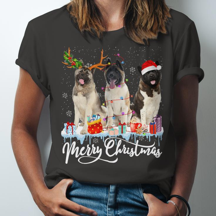 Merry Christmas American Akita Santa Light Reindeer Snow T-Shirt Unisex Jersey Short Sleeve Crewneck Tshirt