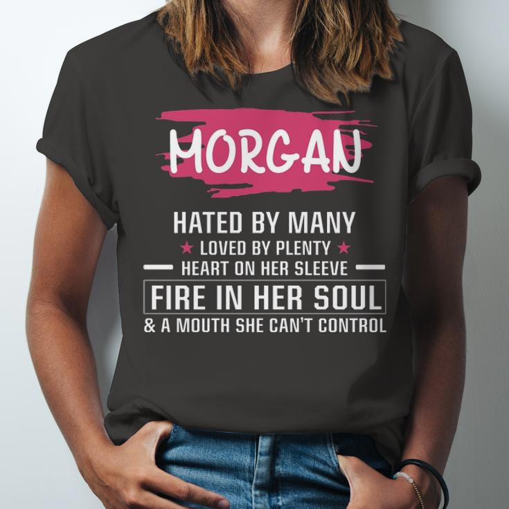 Morgan Name Gift Morgan Hated By Many Loved By Plenty Heart On Her Sleeve Unisex Jersey Short Sleeve Crewneck Tshirt