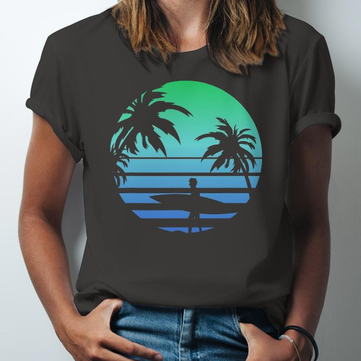 Retro Water Sport Surfboard Palm Tree Sea Tropical Surfing Jersey T-Shirt