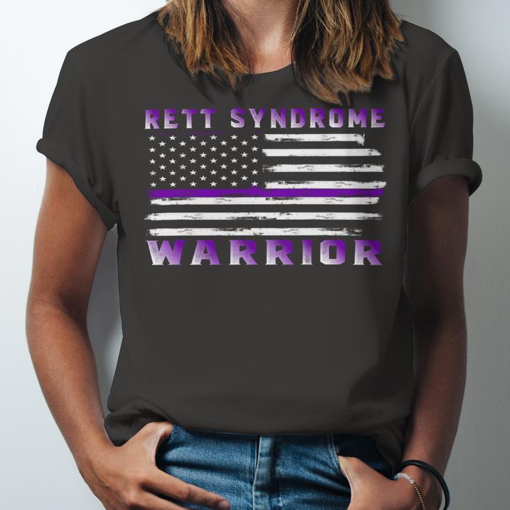 Rett Syndrome Warrior Usa Flag United States Flag Purple Ribbon Rett Syndrome Rett Syndrome Awareness Unisex Jersey Short Sleeve Crewneck Tshirt