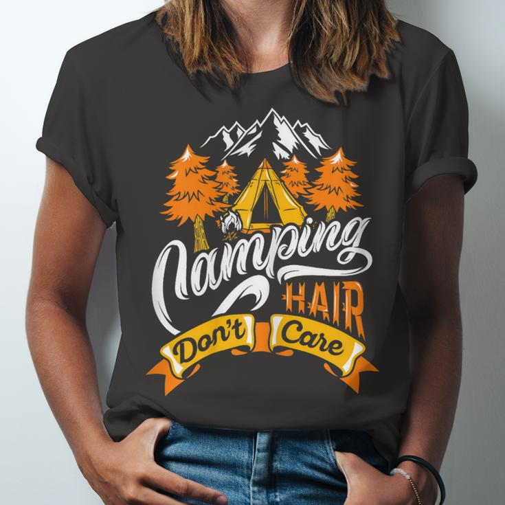 Womens Camping Hair Dont Care Shirt Funny Camp OutdoorShirt Unisex Jersey Short Sleeve Crewneck Tshirt