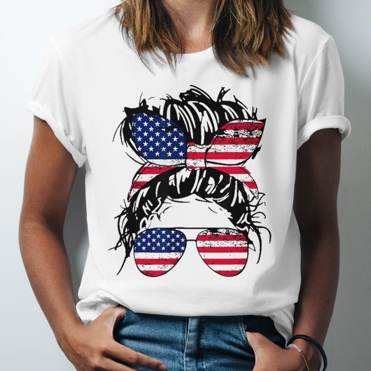 4Th Of July American Flag Patriotic Daughter Messy Bun Usa Jersey T-Shirt