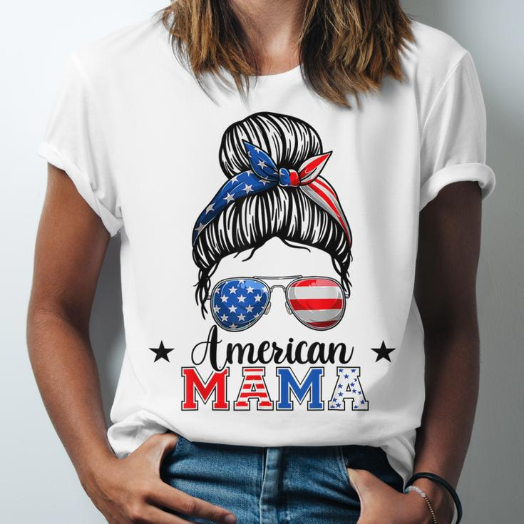4Th Of July American Mama Messy Bun Mom Life Patriotic Mom Unisex Jersey Short Sleeve Crewneck Tshirt