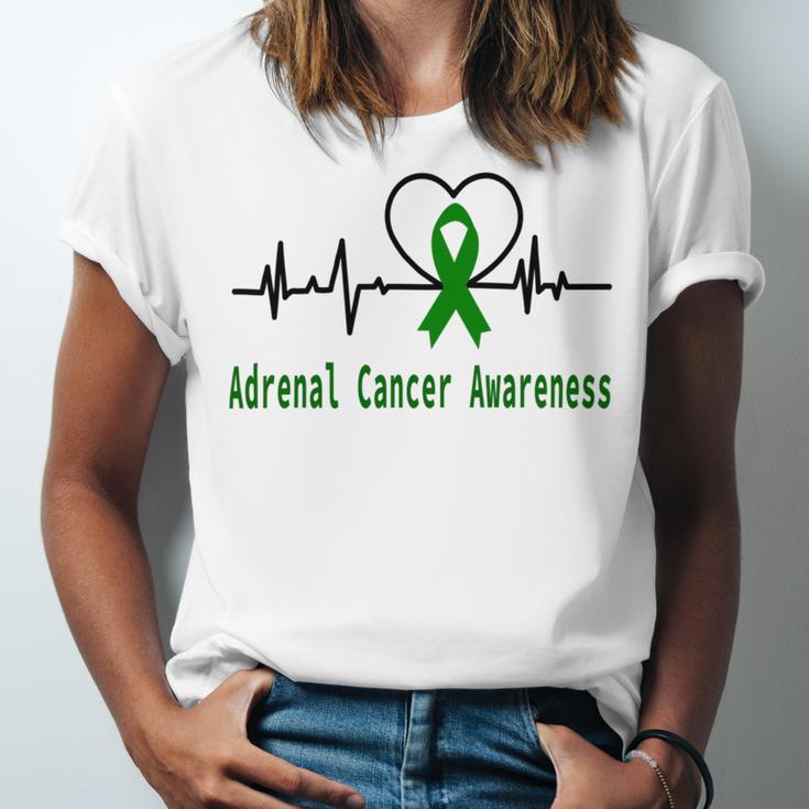 Adrenal Cancer Awareness Heartbeat Green Ribbon Adrenal Cancer Adrenal Cancer Awareness Unisex Jersey Short Sleeve Crewneck Tshirt