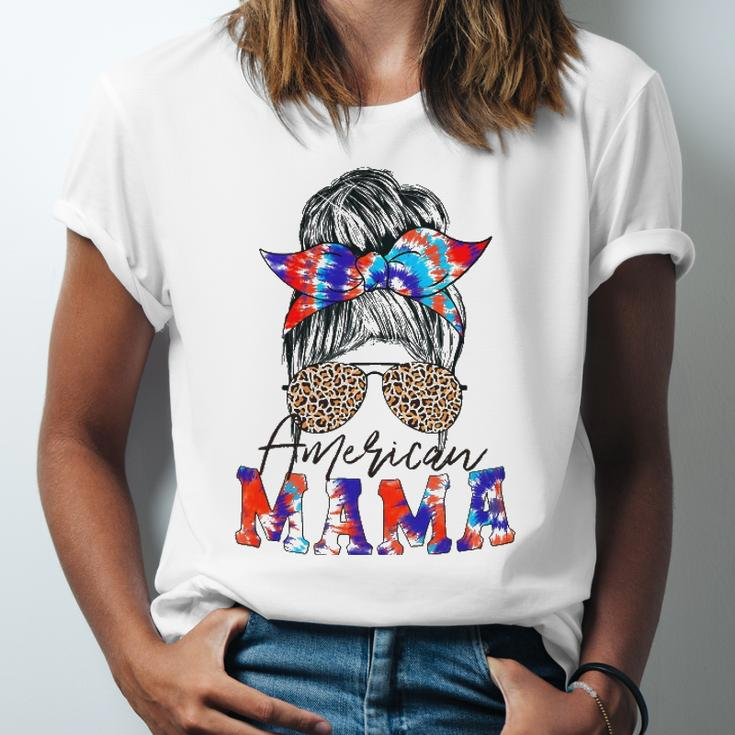 American Mama Usa Patriot Flag Tie Dye 4Th Of July Messy Bun Jersey T-Shirt