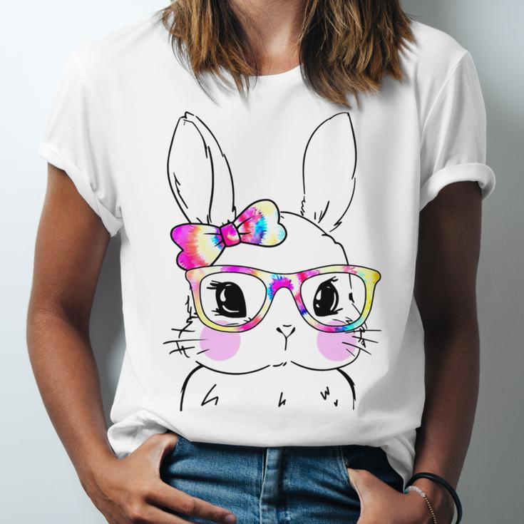 Cute Bunny Rabbit Face Tie Dye Glasses Girl Happy Easter Day Unisex Jersey Short Sleeve Crewneck Tshirt