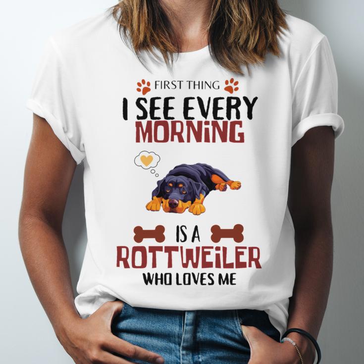 First Thing See Every Morning Is A Rottweiler Who Loves Me Unisex Jersey Short Sleeve Crewneck Tshirt