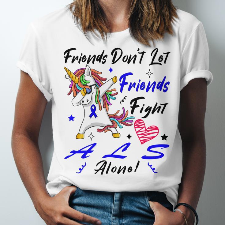 Friends Dont Let Friends Fight Als Alone Unicorn Blue Ribbon Amyotrophic Lateral Sclerosis Support Als Awareness Unisex Jersey Short Sleeve Crewneck Tshirt