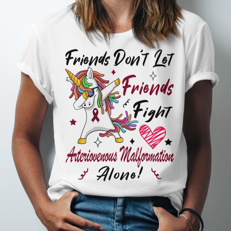 Friends Dont Let Friends Fight Arteriovenous Malformation Alone Unicorn Burgundy Ribbon Arteriovenous Malformation Support Arteriovenous Malformation Awareness Unisex Jersey Short Sleeve Crewneck Tshirt