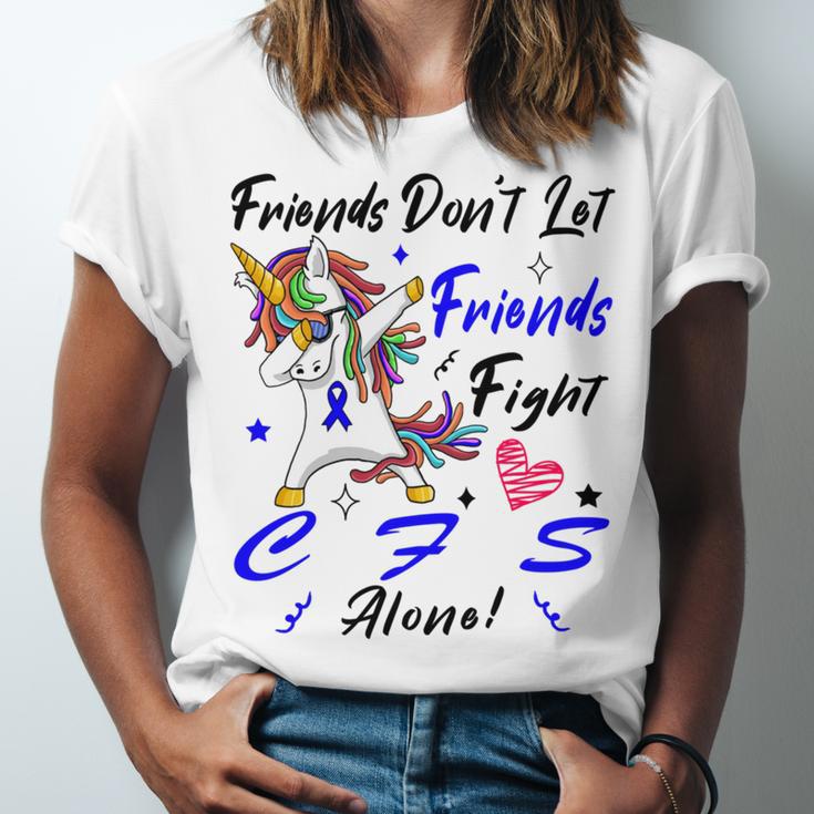 Friends Dont Let Friends Fight Chronic Fatigue Syndrome Cfs Alone Unicorn Blue Ribbon Chronic Fatigue Syndrome Support Cfs Awareness Unisex Jersey Short Sleeve Crewneck Tshirt