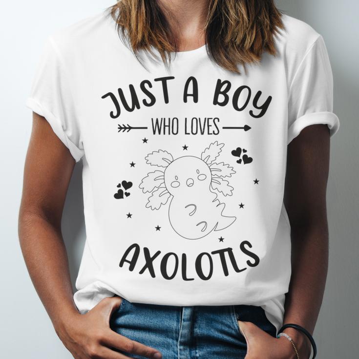 Funny Axolotl Quote Mexican Walking Fish Just A Boy Who Loves Axolotls Unisex Jersey Short Sleeve Crewneck Tshirt