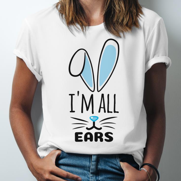 Funny Cute Pastel Blue Bunny Im All Ears Rabbit Happy Easter Day Gift For Girls Women Mom Mommy Family Birthday Holiday Christmas Unisex Jersey Short Sleeve Crewneck Tshirt