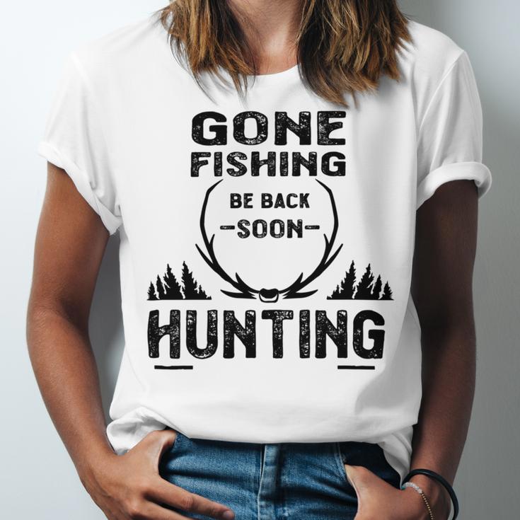 Gone Fishing Be Back Soon Hunting Unisex Jersey Short Sleeve Crewneck Tshirt