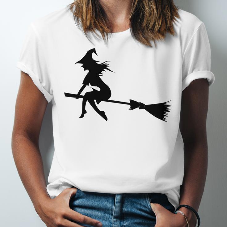 Halloween Young Scary Witch On Broom Pattern Unisex Jersey Short Sleeve Crewneck Tshirt