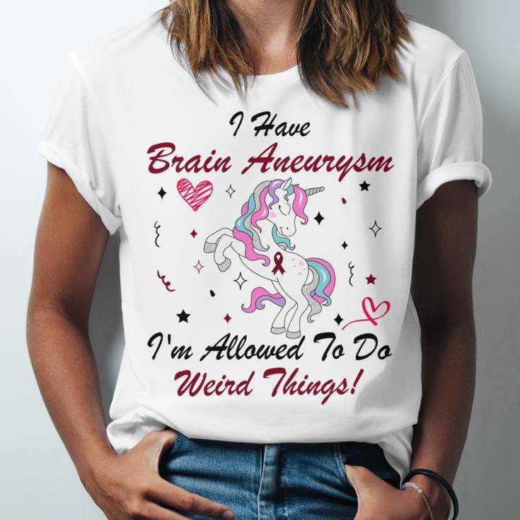 I Have Brain Aneurysm Im Allowed To Do Weird Things Unicorn Burgundy Ribbon Brain Aneurysm Bpd Brain Aneurysm Unisex Jersey Short Sleeve Crewneck Tshirt