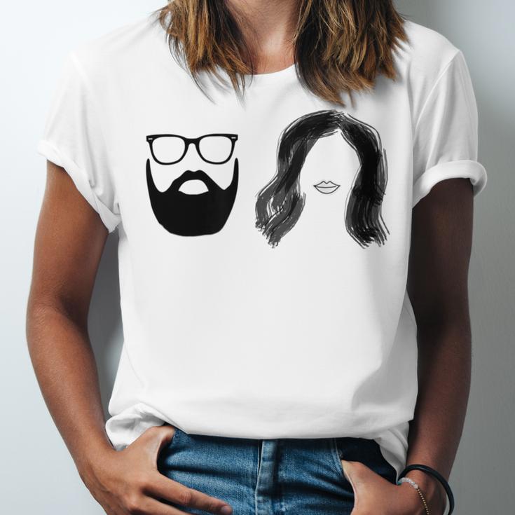 Man With Beard And Glasses With Woman Wavy Hair Unisex Jersey Short Sleeve Crewneck Tshirt