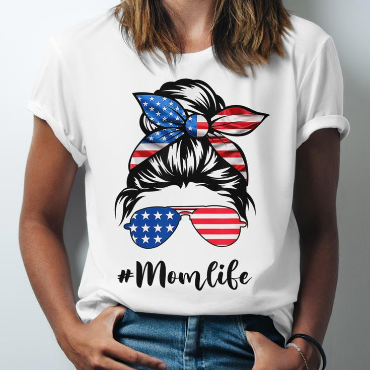 Mom Life Messy Bun America Flag Mothers Day 4Th Of July T-Shirt Unisex Jersey Short Sleeve Crewneck Tshirt