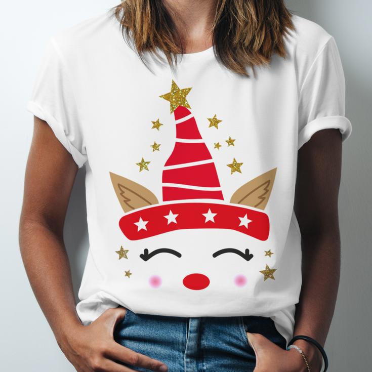 New Christmas Unicorn Face Santicorn Cute Unisex Jersey Short Sleeve Crewneck Tshirt