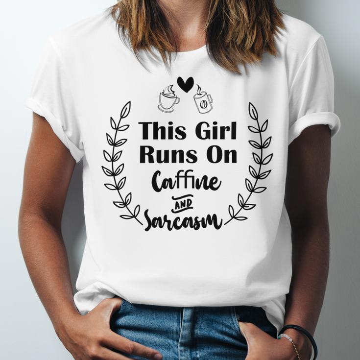 Official This Girl Runs On Caffeine And Sarcasm Unisex Jersey Short Sleeve Crewneck Tshirt