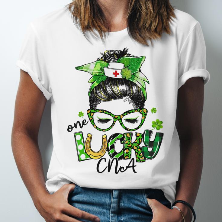 One Lucky Cna Messy Bun Shamrocks St Patricks Day Unisex Jersey Short Sleeve Crewneck Tshirt