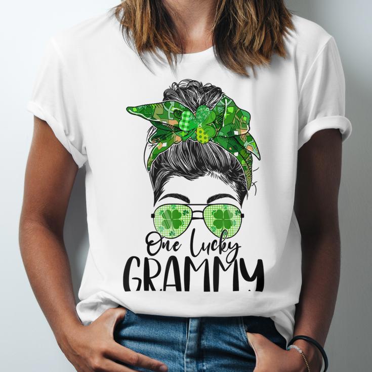 One Lucky Grammy Messy Bun Lucky Shamrock St Patricks Day Unisex Jersey Short Sleeve Crewneck Tshirt