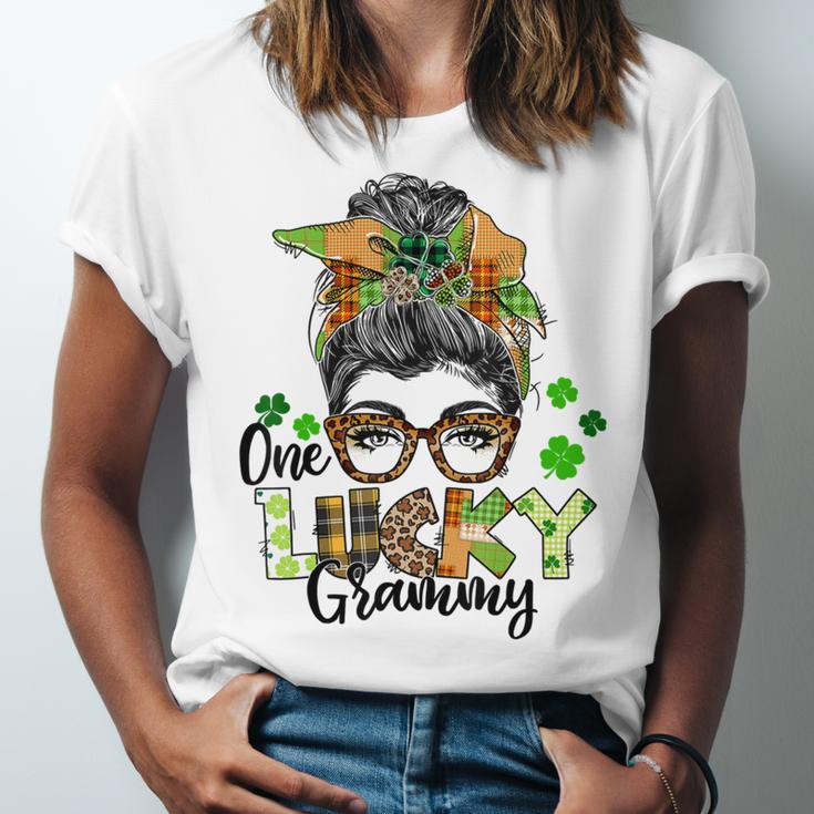 One Lucky Grammy Shamrock Plaid Leopard St Patricks Day Unisex Jersey Short Sleeve Crewneck Tshirt