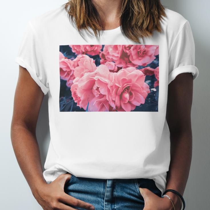 Pink Roses In Garden Unisex Jersey Short Sleeve Crewneck Tshirt