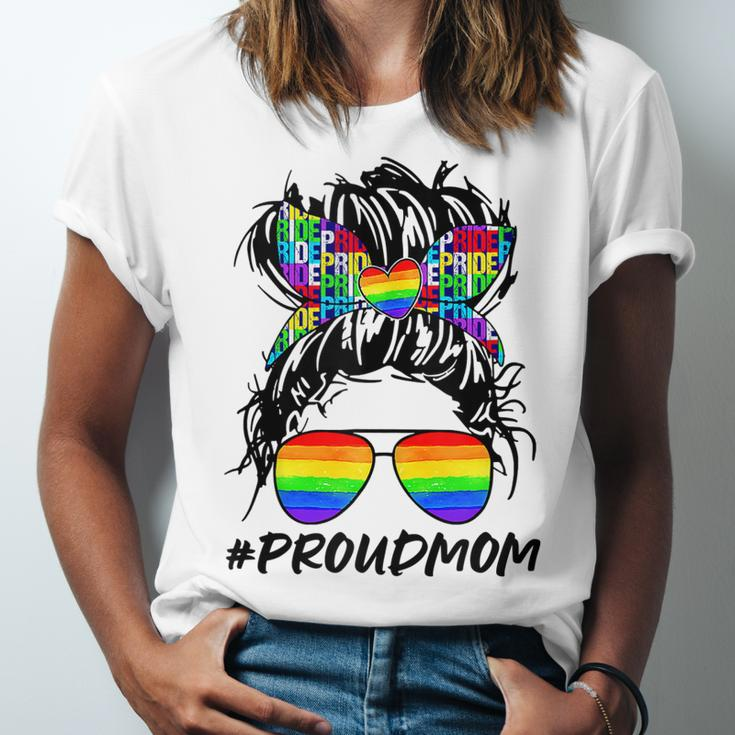 Proud Mom Lgbt Gay Pride Messy Bun Rainbow Lgbtq Jersey T-Shirt