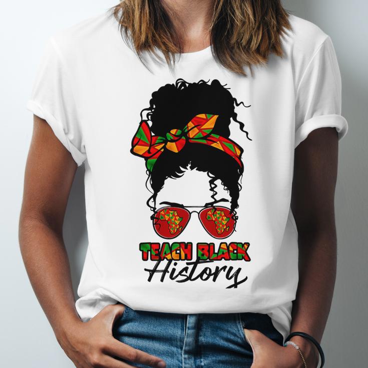 Teacher African Women Messy Bun Teach Black History Month Unisex Jersey Short Sleeve Crewneck Tshirt