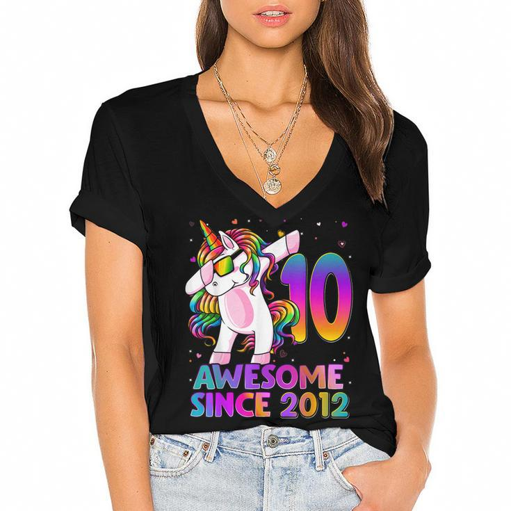 10 Year Old Unicorn Dabbing 10Th Birthday Girl Unicorn Party V3 Women's Jersey Short Sleeve Deep V-Neck Tshirt