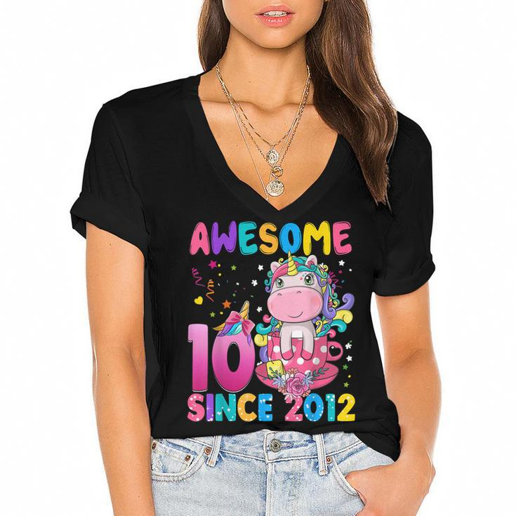 10 Years Old 10Th Birthday Unicorn Girl Awesome Since 2012  Women's Jersey Short Sleeve Deep V-Neck Tshirt