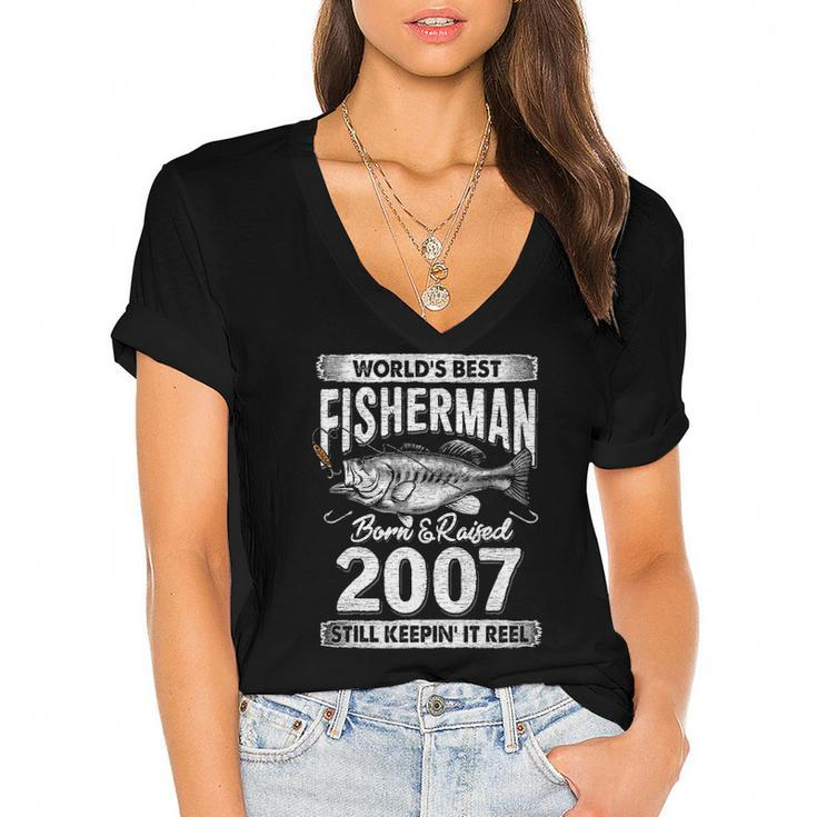 15 Years Old Fisherman Born In 2007 Fisherman 15Th Birthday Women's Jersey Short Sleeve Deep V-Neck Tshirt