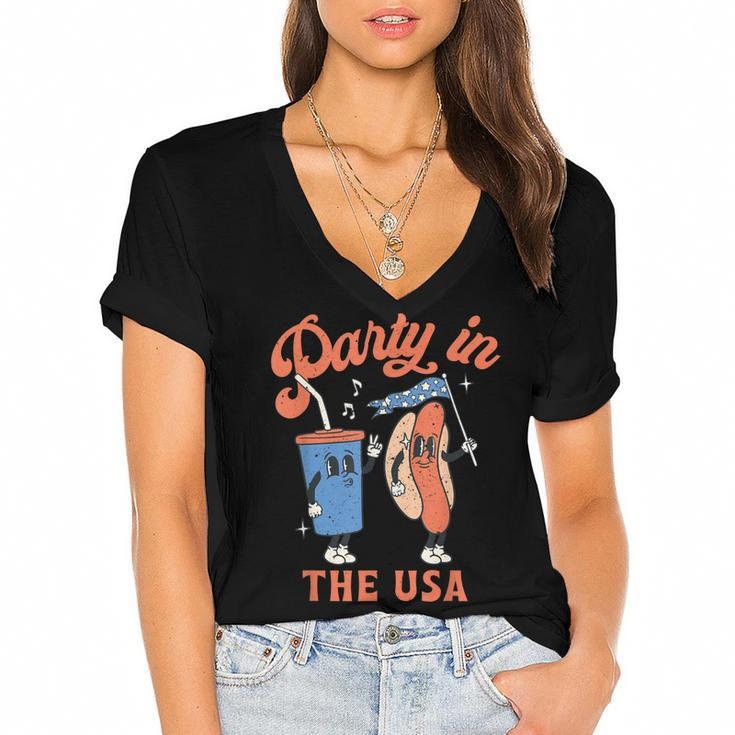 4Th Of July  For Hotdog Lover Party In The Usa  Women's Jersey Short Sleeve Deep V-Neck Tshirt
