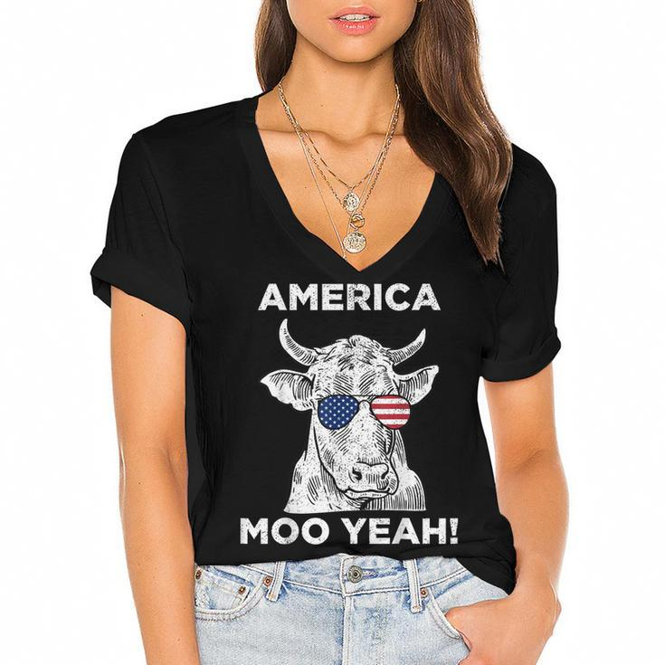4Th Of July Funny Moo Yeah Cow Glasses T  Boys Girls Us Women's Jersey Short Sleeve Deep V-Neck Tshirt