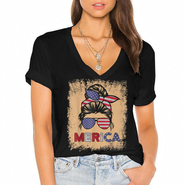 4Th Of July Merica Sunglasses Classy Mom Life Messy Bun  Women's Jersey Short Sleeve Deep V-Neck Tshirt
