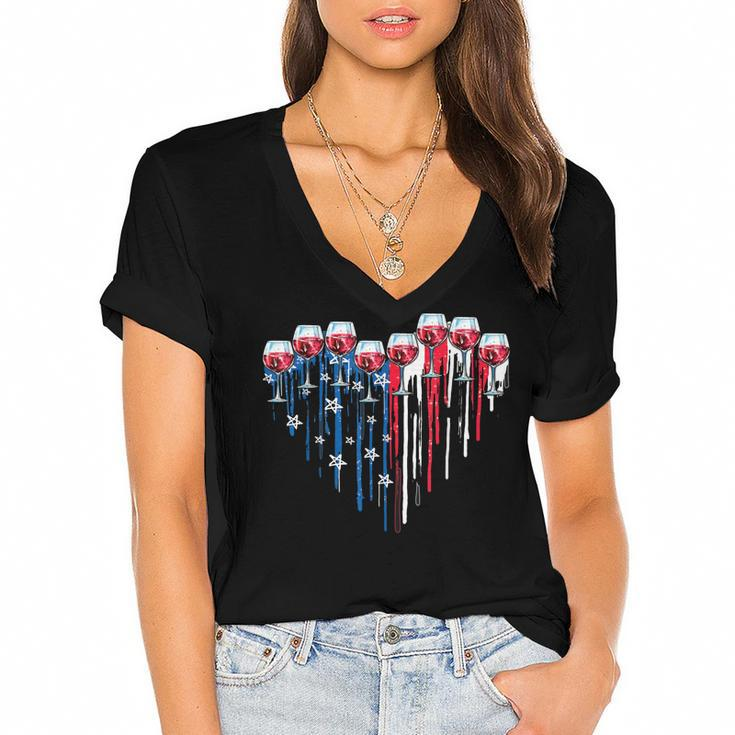 4Th Of July Wine Glasses Heart American Flag Patriotic  Women's Jersey Short Sleeve Deep V-Neck Tshirt