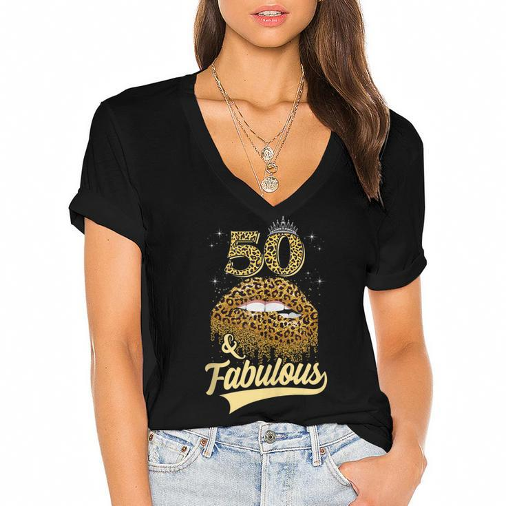 50 And Fabulous Queen Happy Birthday 50Th Leopard Sexy Lips  Women's Jersey Short Sleeve Deep V-Neck Tshirt