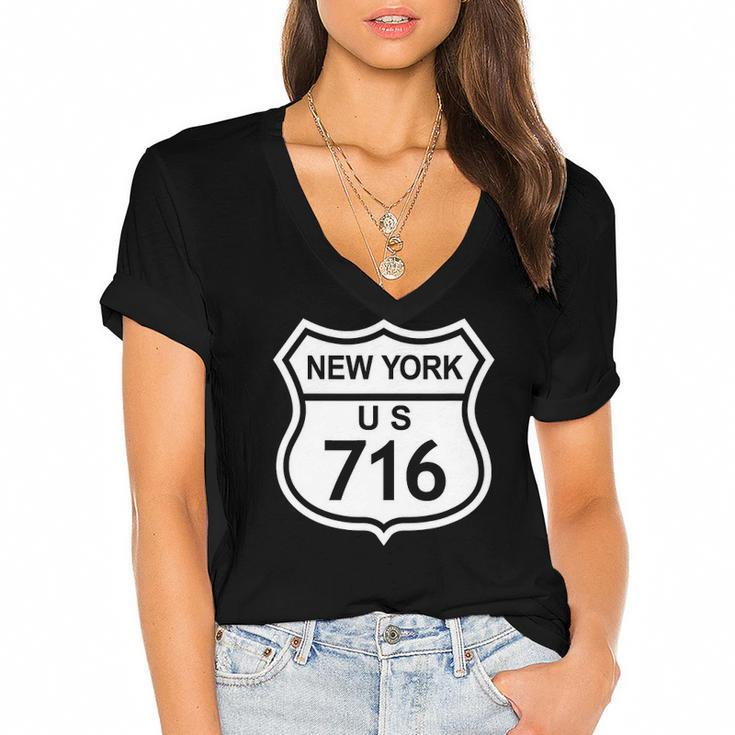 716 New York Area Code Ny Highway Home State Gift Women's Jersey Short Sleeve Deep V-Neck Tshirt