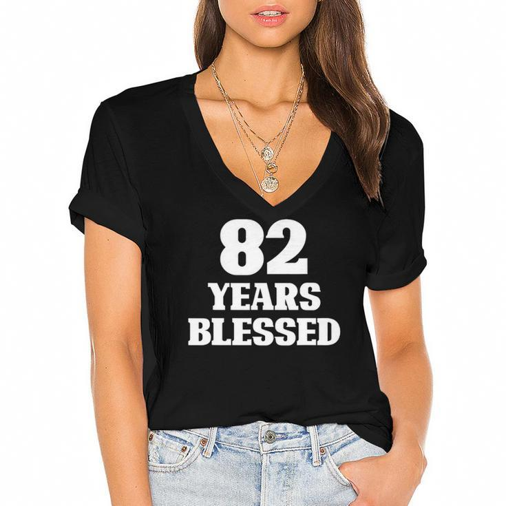 82 Years Blessed 82Nd Birthday Christian Religious Jesus God Women's Jersey Short Sleeve Deep V-Neck Tshirt