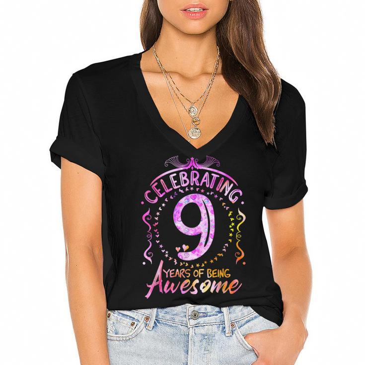 9 Years Of Being Awesome  9 Year Old Birthday Kid Girl  Women's Jersey Short Sleeve Deep V-Neck Tshirt