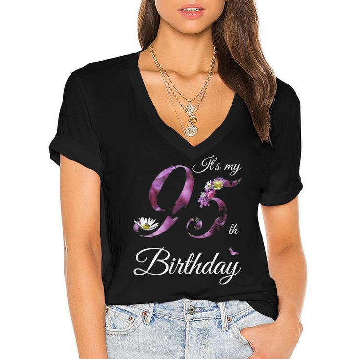 95 Years Old  Floral 1927 Its My 95Th Birthday Gift Women's Jersey Short Sleeve Deep V-Neck Tshirt