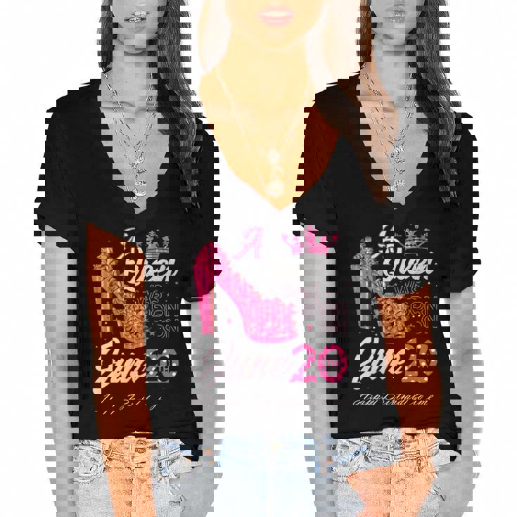 A Queen Was Born On June 20 High Heels June 20Th Birthday Women's Jersey Short Sleeve Deep V-Neck Tshirt