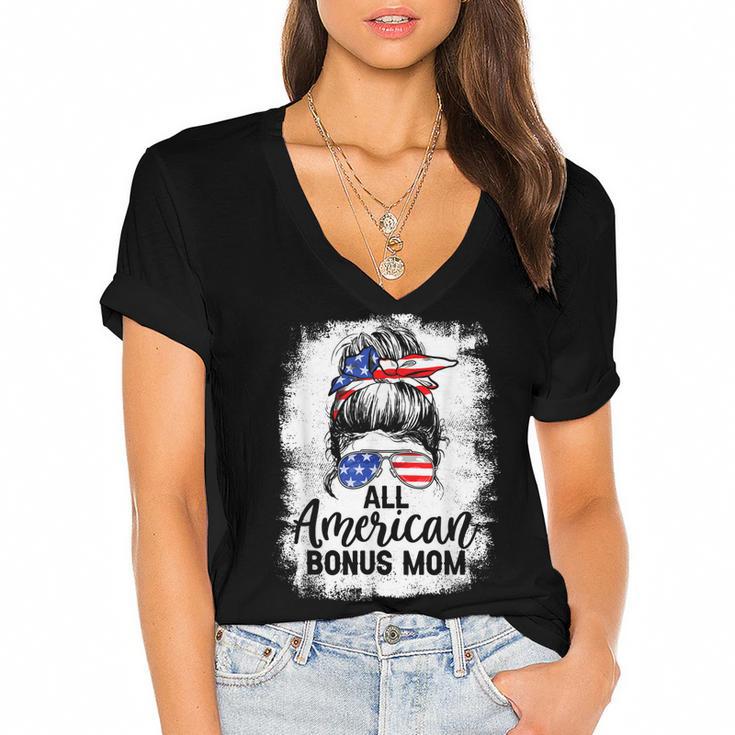 All American Bonus Mom 4Th Of July Messy Bun Proud Merica  Women's Jersey Short Sleeve Deep V-Neck Tshirt