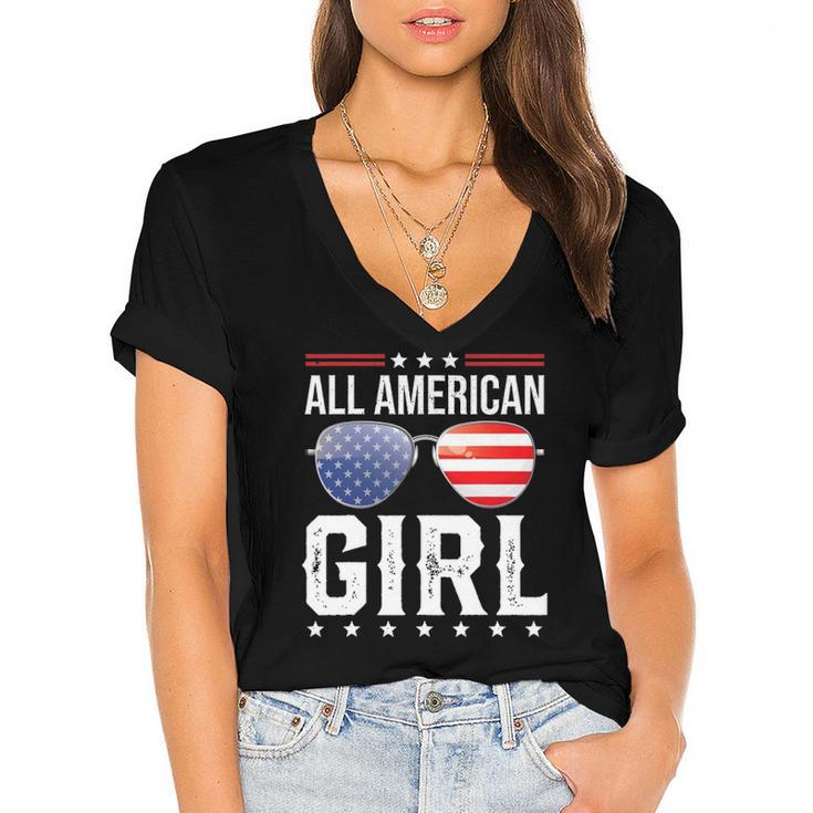 All American Girl Matching Family Fourth 4Th Of July Women's Jersey Short Sleeve Deep V-Neck Tshirt