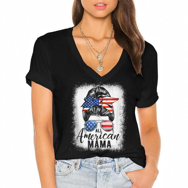 All American Mama Proud Mom Messy Bun Patriotic 4Th Of July  Women's Jersey Short Sleeve Deep V-Neck Tshirt